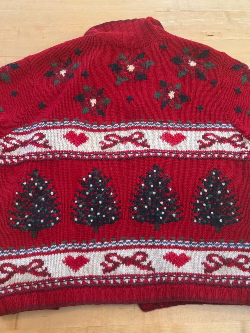 Vintage TALBOTS Hand Knit Christmas Tree  Heart Holiday Cardigan Sweater Wool M - Picture 7 of 12